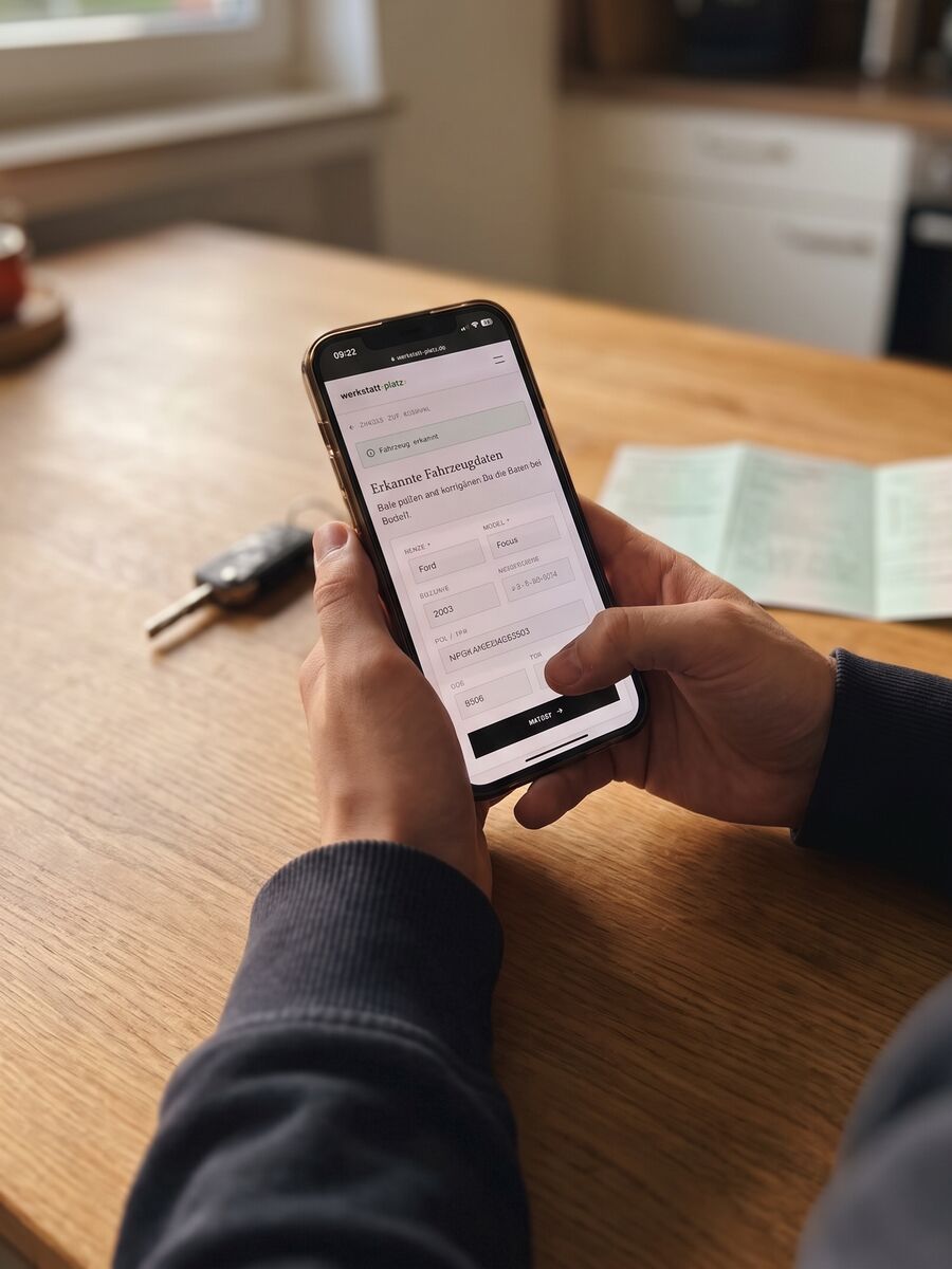 Jemand sitzt am Küchentisch und füllt die Anfrage am Handy aus, daneben Autoschlüssel und Fahrzeugschein